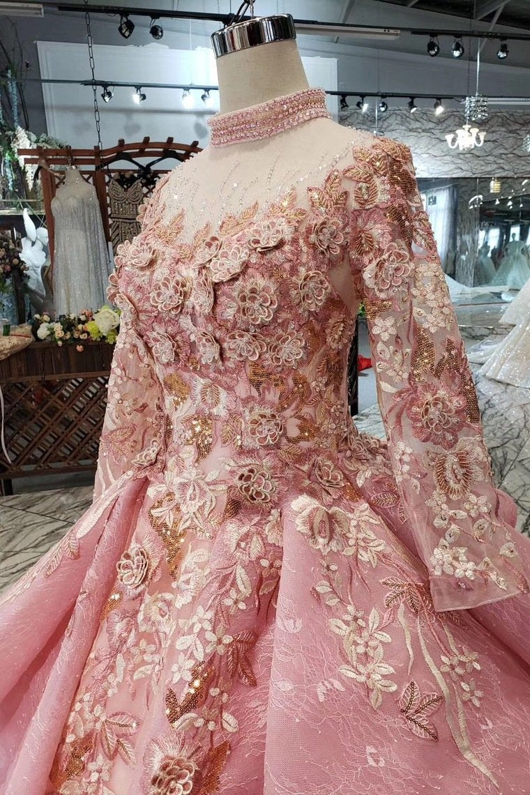 Long Sleeve Ball Gown High Neck With Lace Applique Beads Lace up Prom Dresses WK793