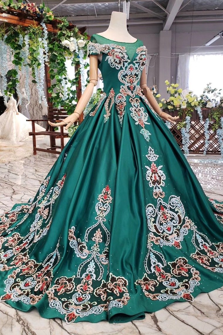 Simple Green Satin Short Sleeve Ball Gown Lace up with Applique Beads Prom Dresses WK792