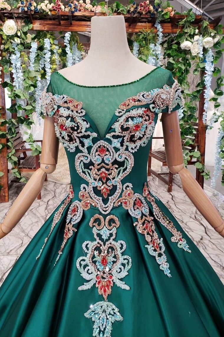 Simple Green Satin Short Sleeve Ball Gown Lace up with Applique Beads Prom Dresses WK792