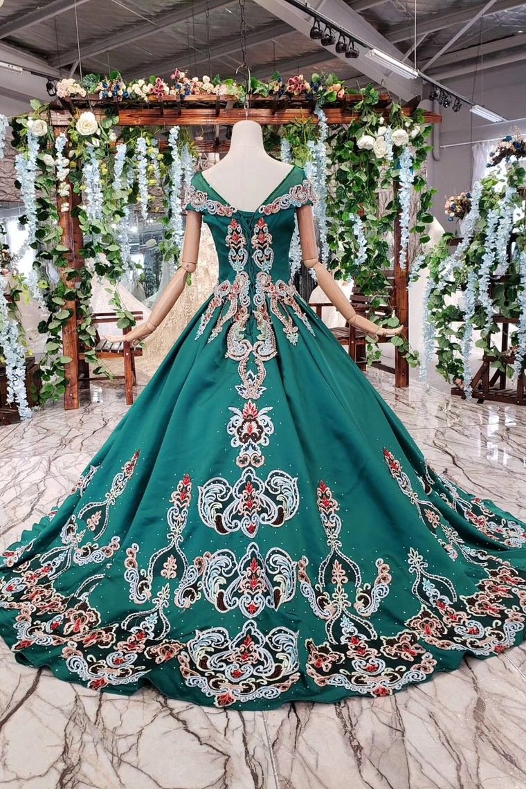 Simple Green Satin Short Sleeve Ball Gown Lace up with Applique Beads Prom Dresses WK792