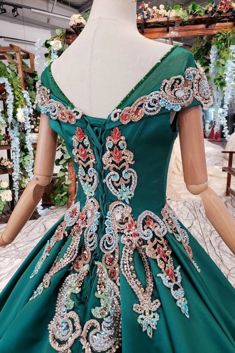 Simple Green Satin Short Sleeve Ball Gown Lace up with Applique Beads Prom Dresses WK792