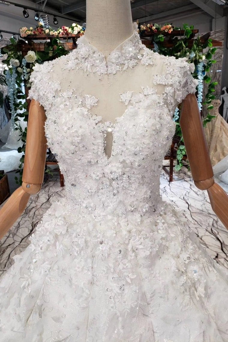 New Arrival Wedding Dresses Cap Sleeves High Neck Ball Gown With Appliques WK794