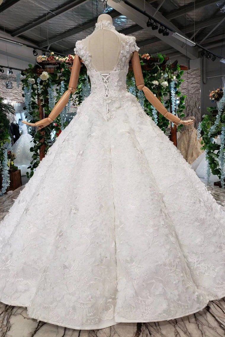 New Arrival Wedding Dresses Cap Sleeves High Neck Ball Gown With Appliques WK794