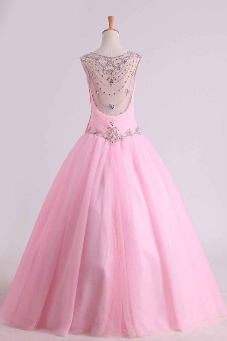 Scoop Quinceanera Dresses Tulle With Beads And Ruffles Floor Length