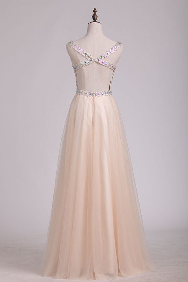 Beaded Bodice V Neck Backless A Line/Princess Prom Dress With Tulle Skirt