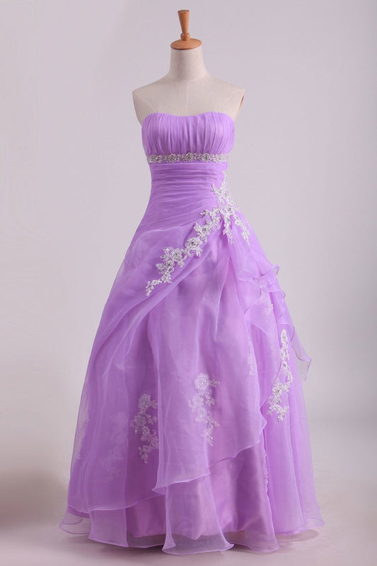 Strapless Floor Length Quinceanera Dresses With Applique And Ruffles