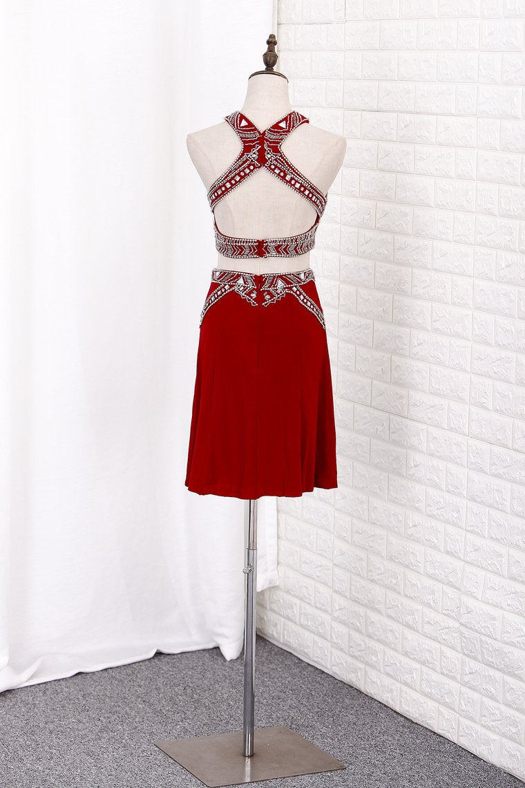 High Neck Two-Piece Homecoming Dresses Sheath Spandex With Beading