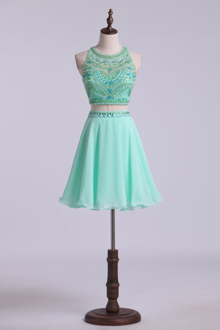 Two-Piece Halter Short Homecoming Dresses Chiffon Beaded Bodice