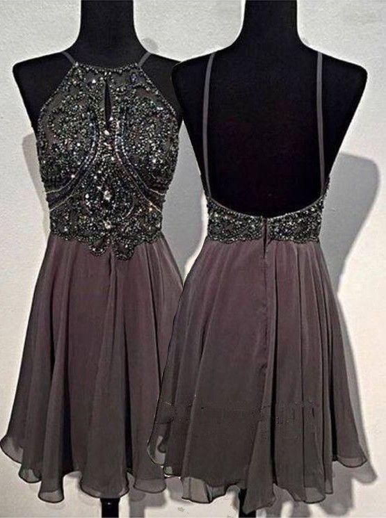 A-line Round Neck Chiffon Beaded Grey Backless Homecoming Dress WK535