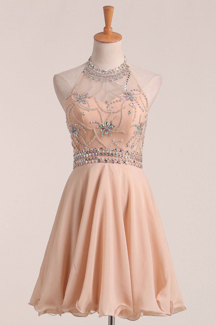 Chiffon&Tulle Halter A Line Homecoming Dress Beaded Bodice Short/Mini