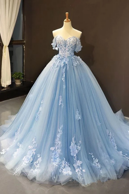 Light Sky Blue Off The Shoulder Ball Gown Tulle Prom Dress With Applique