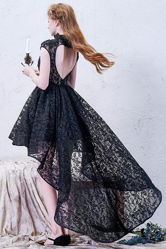 A-line High Neck Asymmetrical Lace Black Open Back High Low Modern Prom Dresses WK778