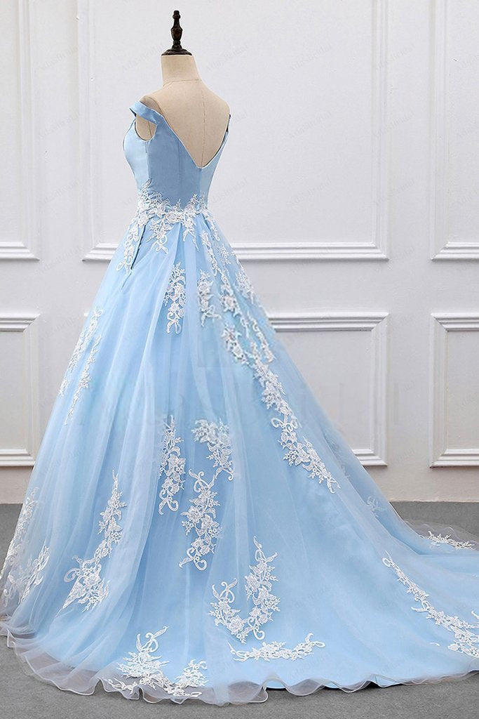 2024 Sky Blue Appliques Charming Ball Gown Off-the-Shoulder V-Neck Prom Dresses WK573