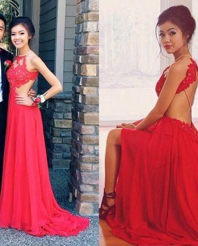 Red Backless Sexy Lace Unique Halter A-Line Slit Criss Cross Sleeveless Prom Dresses WK948