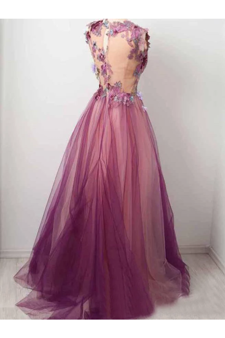 Tulle Flower A Line Prom Dresses Scoop Neck Appliqued Party Dress