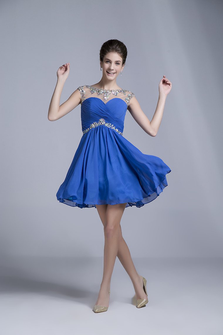 Homecoming Dresses Short/Mini Rulffled&Beaded Chiffon Dark Royal Blue