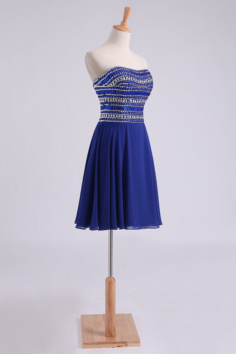 A Line Short/Mini Strapless Dark Royal Blue Chiffon Homecoming Dresses With Rhinestone