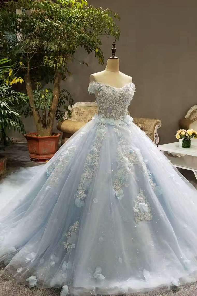 Tiffany Blue Wedding Dresses Tulle Lace Up With Appliques And Handmade Flowers Off The Shoulder