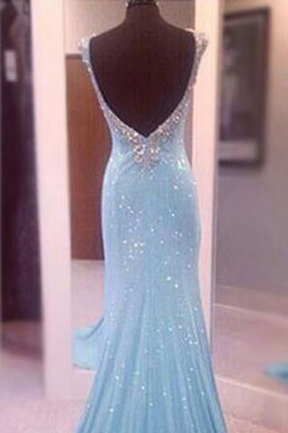 Largos Pretty V-Neck Sleeveless Sequins Mermaid Backless Floor-Length Long Prom Dresses WK760