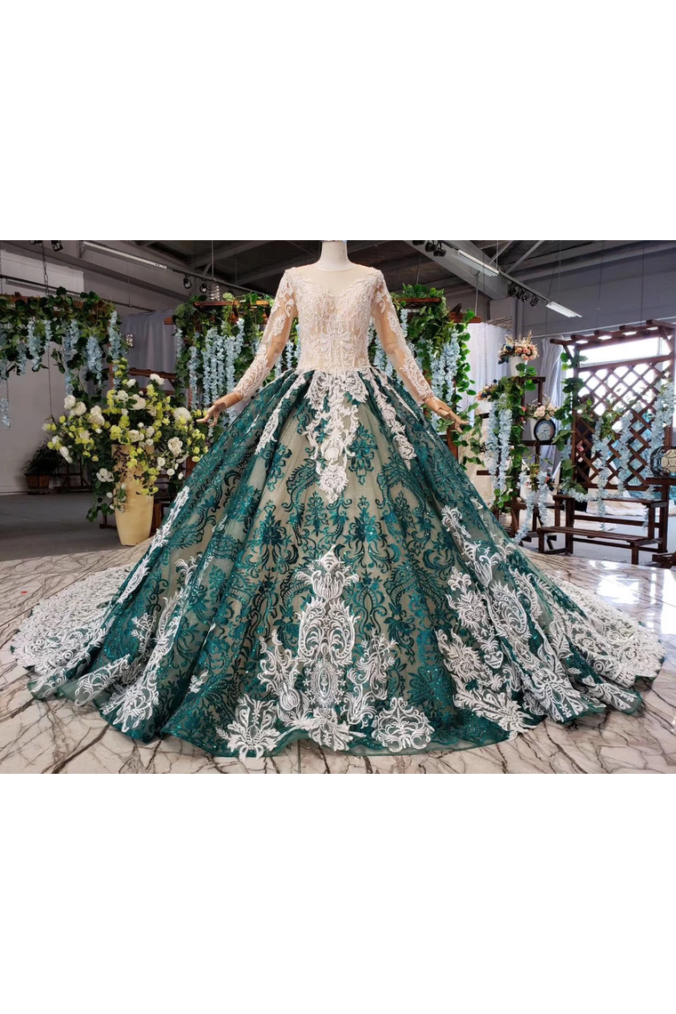 Green Long Sleeves Ball Gown Lace Prom Dress With Appliques, Long Prom Gown