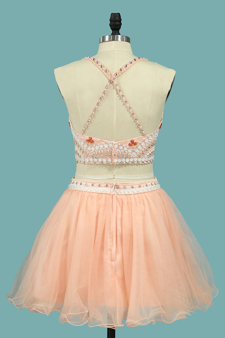 Two-Piece Halter Homecoming Dresses Beaded Bodice Tulle Short/Mini