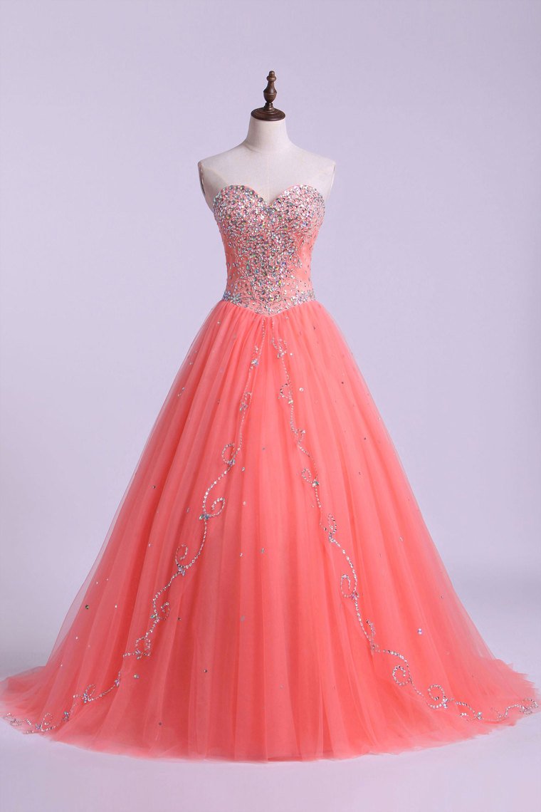 Sweetheart Quinceanera Dresses A Line Beaded Tulle Floor Length