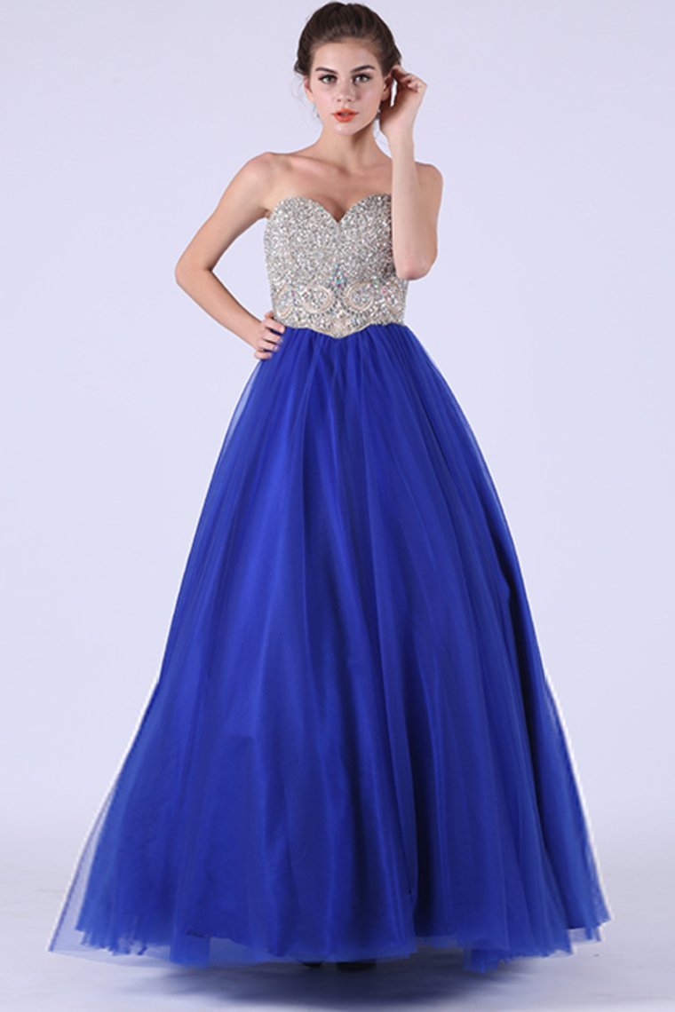 Tulle Sweetheart Beaded Bodice A Line Floor Length Prom Dresses