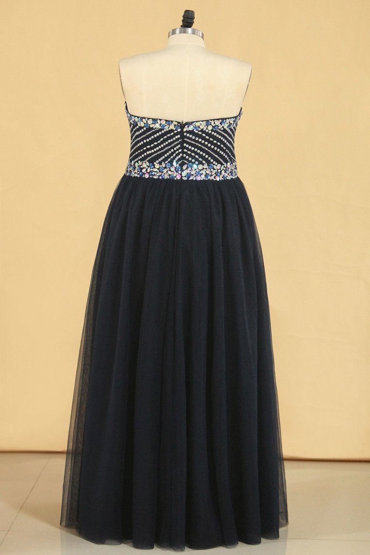 Dark Navy A Line Prom Dresses Sweetheart Beaded Bodice Tulle Zipper Up