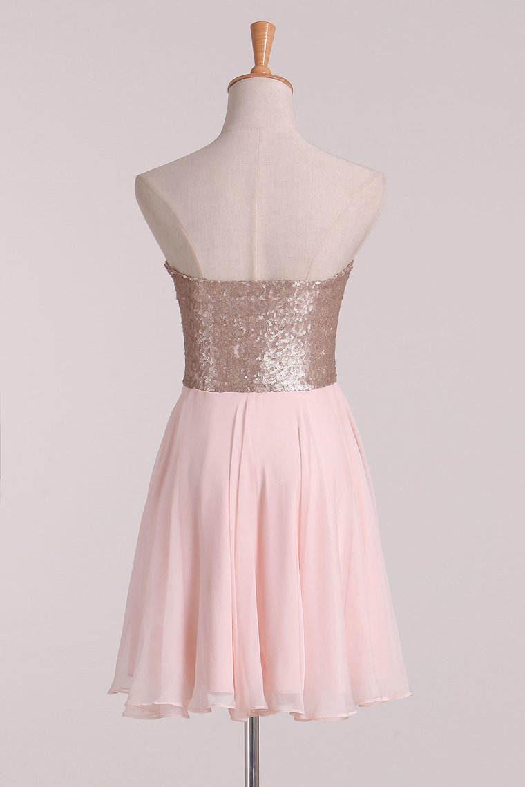 New Arrival Strapless Homecoming Dresses Sequined Bodice Chiffon A Line