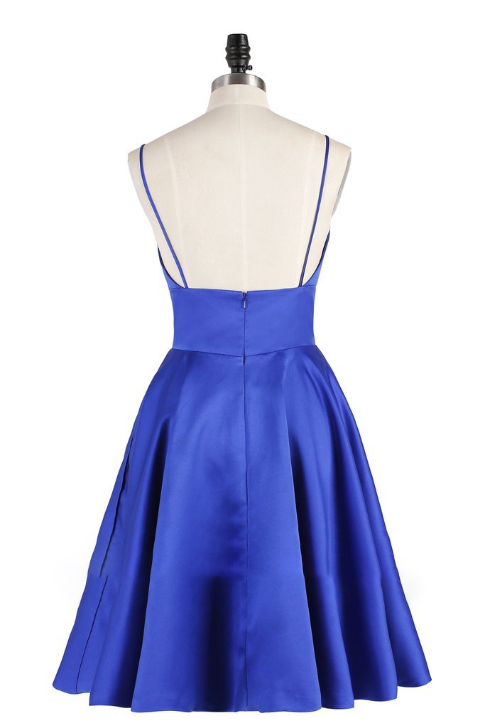 A Line Spaghetti Straps Royal Blue V Neck Backless Satin Knee Length Homecoming Dresses WK838