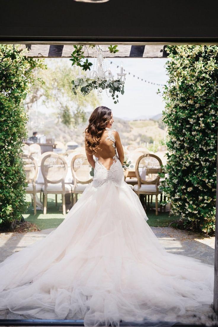 Mermaid Boat Neck Chapel Train Ivory Tulle Sleeveless Wedding Dress with Appliques Ruffles WK233