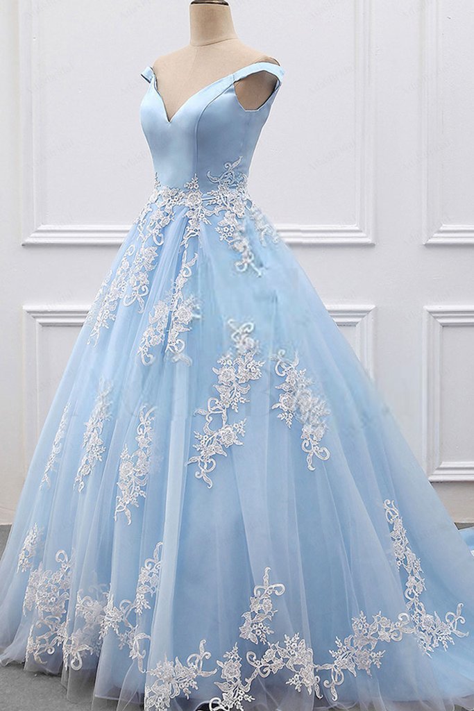 2024 Sky Blue Appliques Charming Ball Gown Off-the-Shoulder V-Neck Prom Dresses WK573