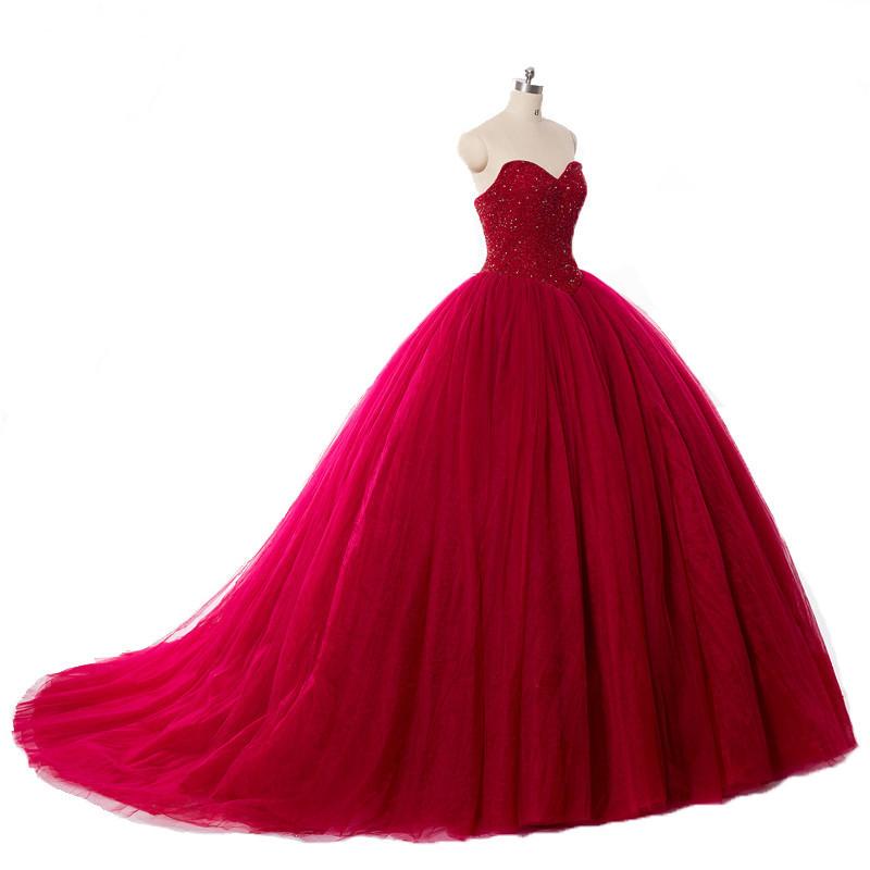 New Style Red Tulle Lace up Sweetheart Strapless Beads Ball Gown Prom Quinceanera Dress WK512