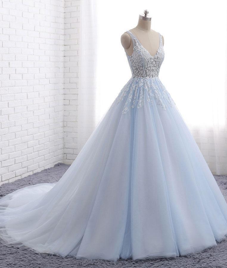 Sexy Ball Gown Tulle Sky Blue V-neck Appliques Brush Train Long Sleeveless Prom Dresses WK505