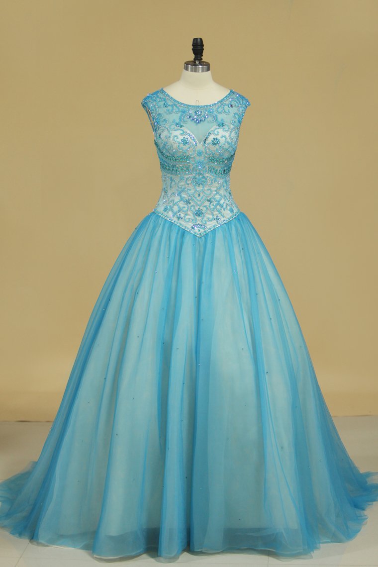 New Arrival Bateau Beaded Bodice Ball Gown Quinceanera Dresses Tulle Court Train