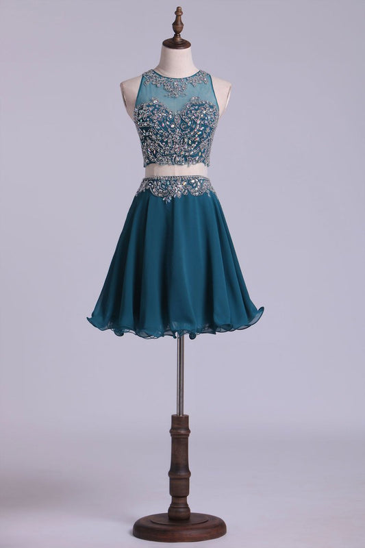 Two-Piece Scoop Homecoming Dresses Tulle & Chiffon Beaded Bodice