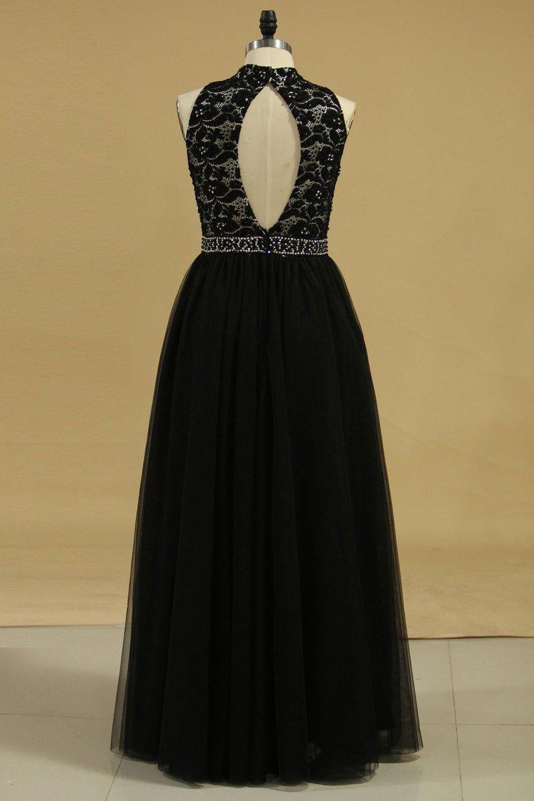 2024 A Line High Neck Prom Dresses Tulle With Beading Floor Length