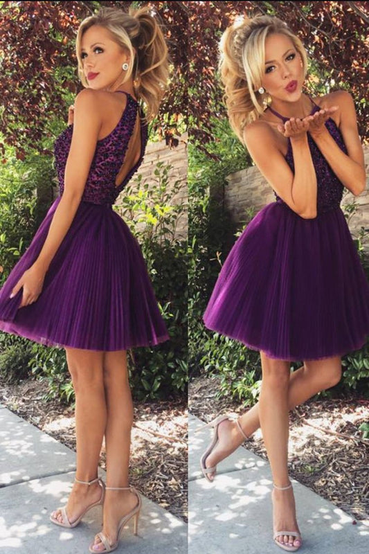 Halter Homecoming Dresses A-Line Tulle Short/Mini Beaded Bodice