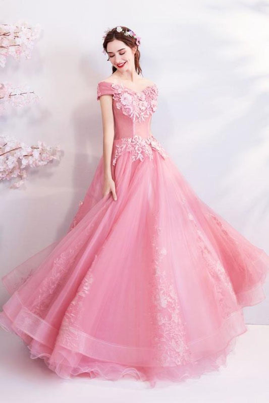 Off The Shoulder Puffy Tulle Prom Dresses, Floor Length Appliqued Quinceanera Dress