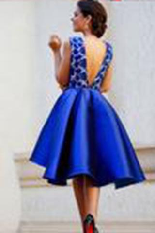 A-line V-neck Satin Backless Lace Royal Blue Homecoming Dresses WK456