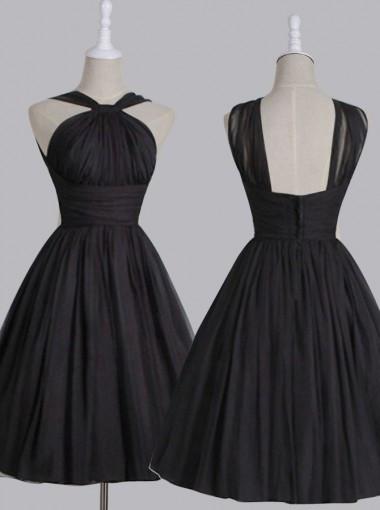 Vintage A-line Straps Knee-Length Chiffon Sash Backless Black Party Homecoming Dresses WK448