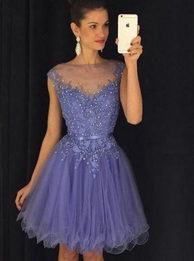 Stunning Bateau Cap Sleeves Short Lavender Homecoming Dress with Appliques Pearls WK449