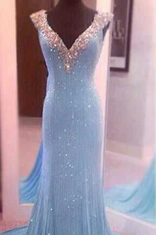 Largos Pretty V-Neck Sleeveless Sequins Mermaid Backless Floor-Length Long Prom Dresses WK760