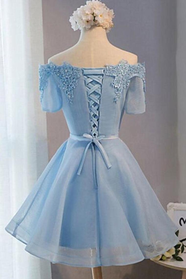 A-Line Boat Neck Homecoming Dresses Organza With Appliques Lace Up