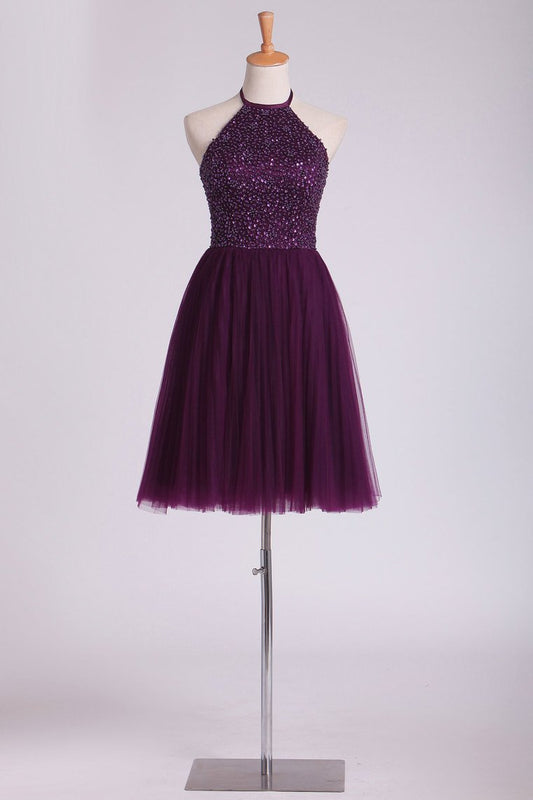 Hot Halter Homecoming Dresses A-Line Tulle Beaded Bodice Mini