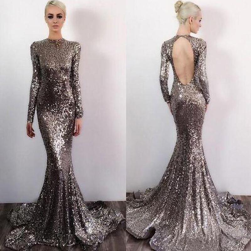 Long Sleeve Sequin Open Back Mermaid Shinny High Neck Floor-Length Prom Dresses WK580