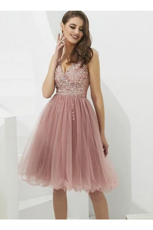 V-Neck Tulle With Beaded Short Homecoming Dresses