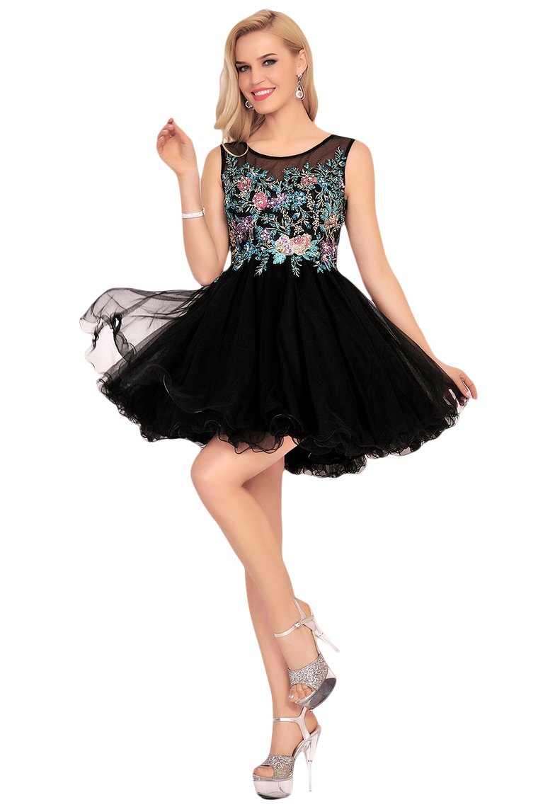 Homecoming Dresses A-Line Scoop Short/Mini Tulle With Beads&Appliques