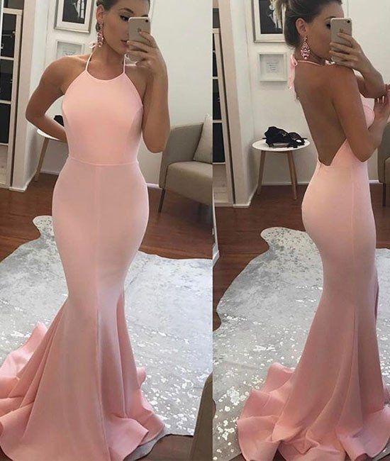 2024 Halter Mermaid Halter Pink Backless Long Sleeveless Floor Length Long Prom Dresses WK766