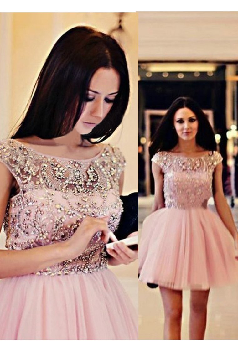 Bateau A Line Short/Mini Homecoming Dresses Beaded Bodice Tulle